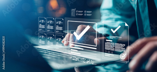 Photos Businessman using digital checklist system for document approval, workflow manag