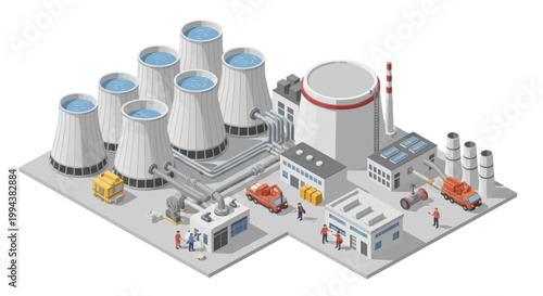 Isometric Nuclear Power Plant with Cooling Towers and Industrial Buildings.