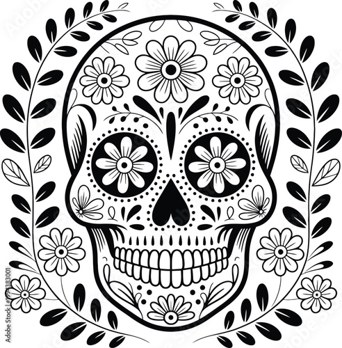 Ornate Sugar Skull Surrounded by Floral Border in Black and White Mexican Folk Art Style