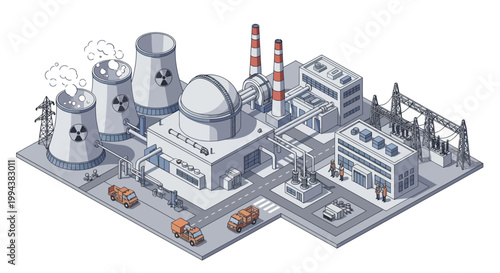 Isometric Nuclear Power Plant with Cooling Towers and Reactor.