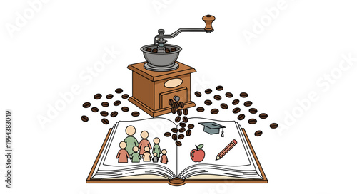 School books and soccer ball on grass field