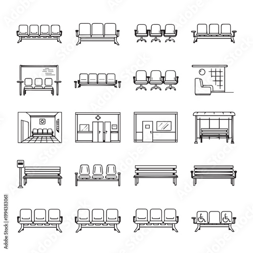 Collection of diverse waiting room seating illustrations with clean line art style
