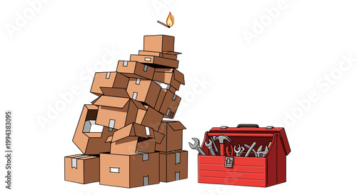 Cardboard Boxes Stack with Red Metal Toolbox
