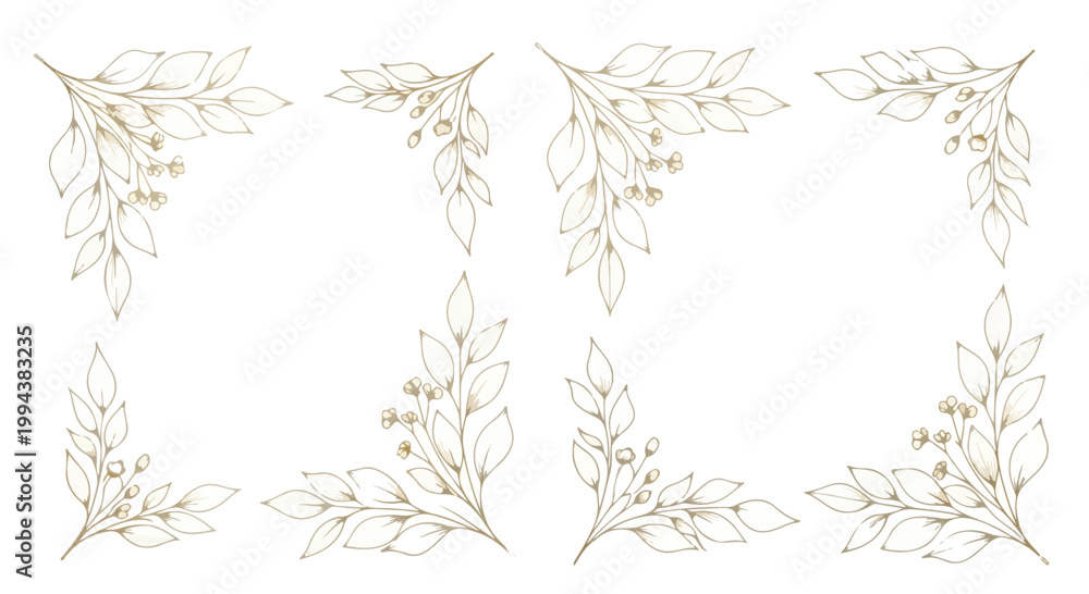 Fototapeta premium Set of 8 Hand Drawn Golden Botanical Corner Frames Vector