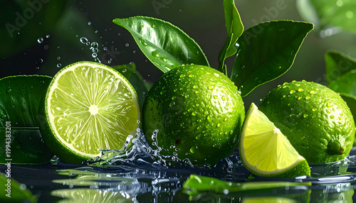 A vibrant close-up showcases fresh limes with glistening water droplets and lush green leaves, creating a refreshing and visually appealing composition.