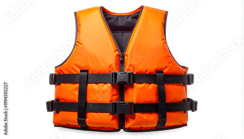 A bright orange life vest with black straps and buckles is displayed against a clean white background, emphasizing its safety features and vibrant color.