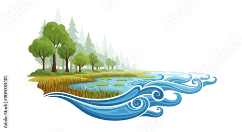 Stylized vector illustration depicting a thriving forest ecosystem and a wetland, complete with trees, grass, and water features, set against a clean white background with a serene
