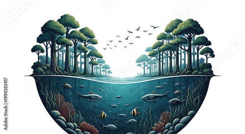 A vibrant forest ecosystem is depicted in a whimsical illustration, showcasing trees above and aquatic life below, reflecting world wetlands day ocean conservation with a bright