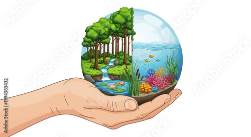 Cartoon illustration of a hand holding a sphere split between a forest ecosystem and ocean conservation, depicting world wetlands day with vibrant colors against a clean white background