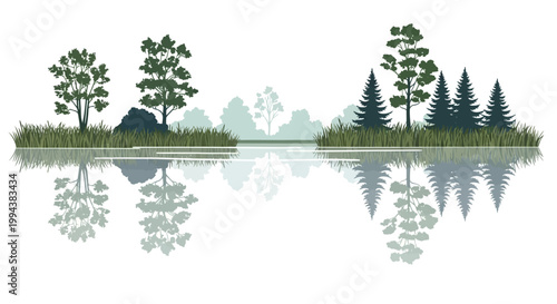A serene illustration depicting a forest ecosystem with trees reflected in calm water, set against a clean white background and rendered in soft, muted colors to evoke a peaceful