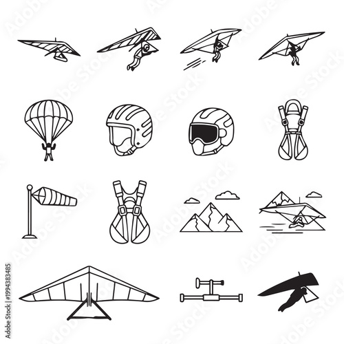 Hang Gliding Equipment and Scenery Vector Icons for Outdoor Adventure Sports