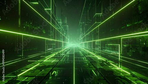 A futuristic cityscape is depicted with glowing green neon lines forming buildings and pathways, creating an abstract and immersive visual experience.