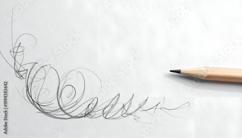 A pencil rests beside a swirling, abstract graphite sketch on a white sheet of paper, suggesting creativity and artistic exploration.