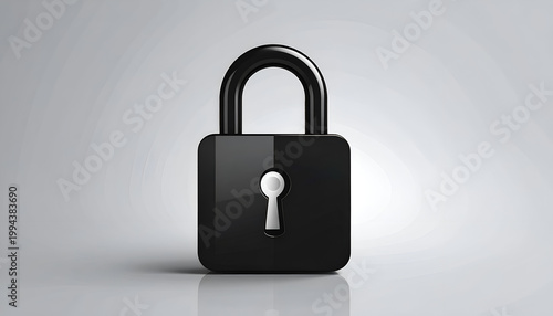 A sleek, black padlock sits prominently against a soft, gradient gray background, symbolizing security and protection.