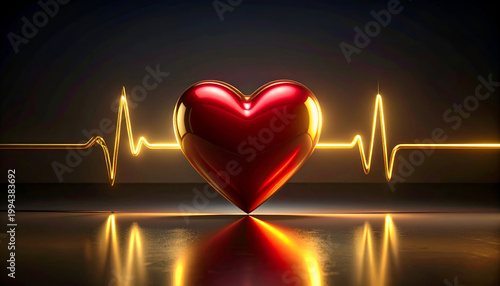 A vibrant red heart is illuminated by a glowing golden electrocardiogram line, reflected in a sleek, dark surface, symbolizing love, life, and vitality.