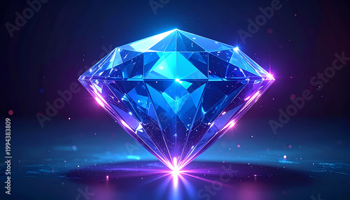 A dazzling, multifaceted diamond radiates brilliant blue and purple light against a dark, futuristic background, showcasing its exceptional clarity and luxurious appeal.