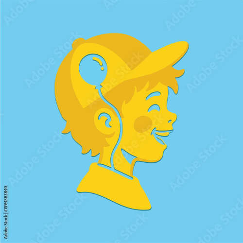 Yellow cartoon boy with hat.