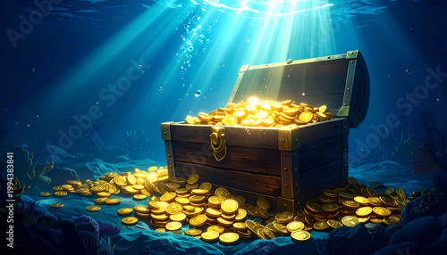 A weathered wooden treasure chest overflows with glittering gold coins resting on the seabed, illuminated by shafts of sunlight filtering through the water.