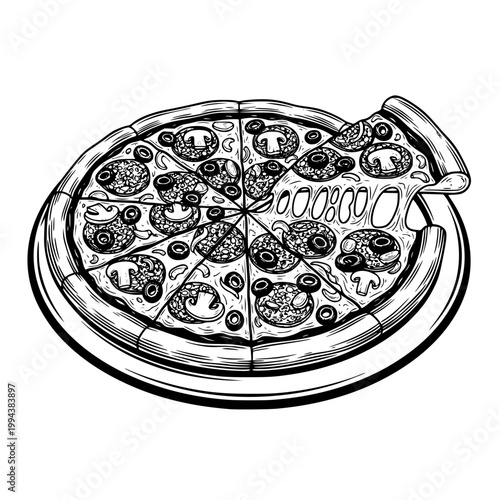 Pizza, monochrome vector illustration. Black silhouette of pizza with mushrooms, olives, pepper and cheese. Transparent SVG version.