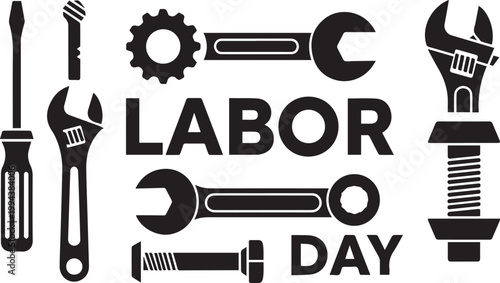 A collection of tool silhouettes with the text Labor Day displayed