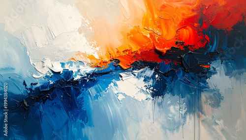 A vibrant abstract painting showcases a dynamic interplay of blue, orange, and white hues, creating a textured and expressive composition.
