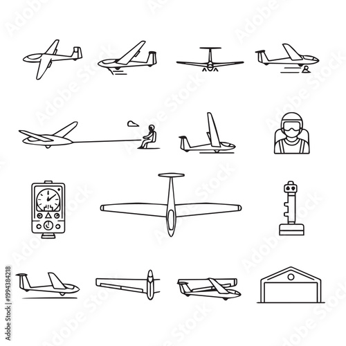 Glider aircraft collection with pilot and equipment in simple line art style for aviation concepts