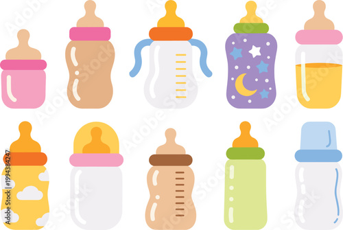 Baby bottles set illustration, infant feeding containers collection colorful vector design