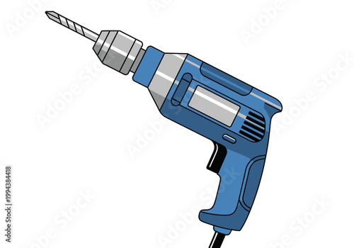 An illustration shows a blue and silver electric drill with a drill bit.