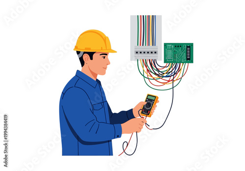 Worker in hard hat checks wiring with multimeter indoors