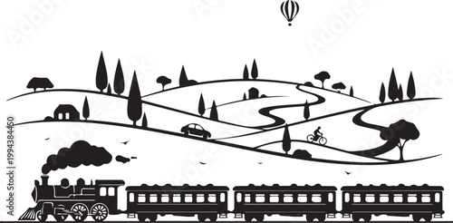 Slow travel concept nostalgic train journey through country landscapes Illustration