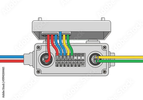 Wires connect to a gray electrical junction box indoors