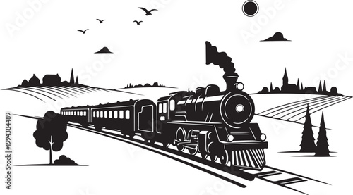 Slow travel concept nostalgic train journey through country landscapes Illustration