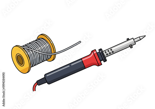 An illustration of a soldering iron with a spool of solder wire