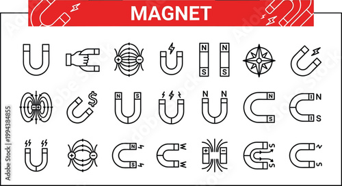 Magnetism and magnetic field icon set featuring horseshoe magnets, polarity, attraction forces and physics science symbols