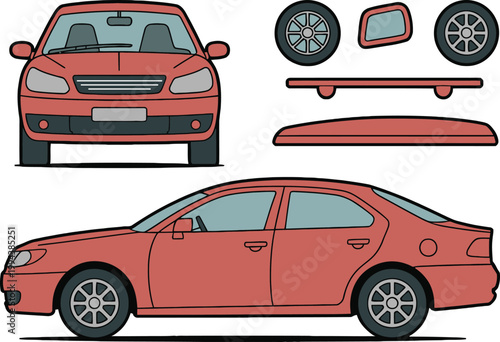 Sedan automobile parts in clean flat design for automotive industry concepts