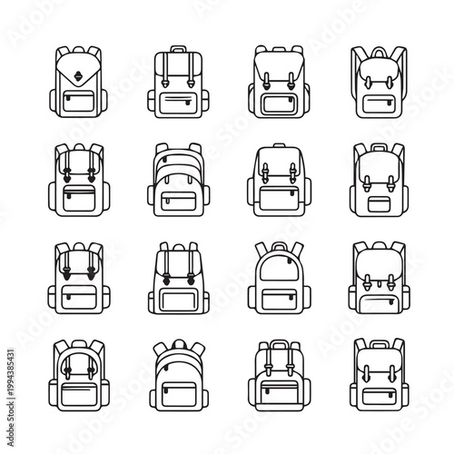 Collection of simple outline backpacks in a grid for travel and outdoor adventure concepts