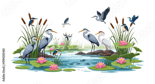An illustration commemorating World Wetlands Day showcases a serene pond teeming with wildlife, including herons, kingfishers, and fish, surrounded by cattails and blooming water lilies
