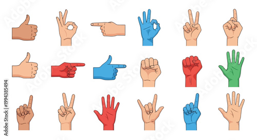 Collection of diverse hand gestures in various skin tones and colors