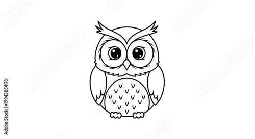 Simple black and white line art coloring page of a cute owl with large eyes sitting on a plain white background for kids.