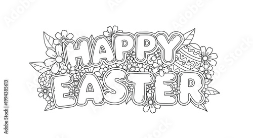 Happy easter typography surrounded by spring flowers and a decorated egg offers a festive and detailed coloring page for the holiday season.