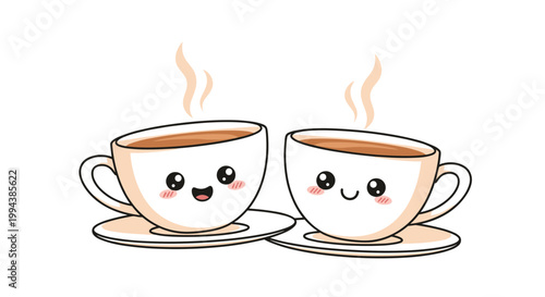 Two happy coffee cup characters clinking together with steaming hot liquid represent a cheerful and friendly morning routine or coffee break.