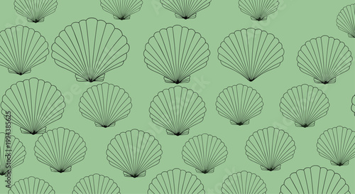 Scallop seashell outlines arranged in a seamless pattern on a soft green background evoke a calm coastal and marine atmosphere for textile design.
