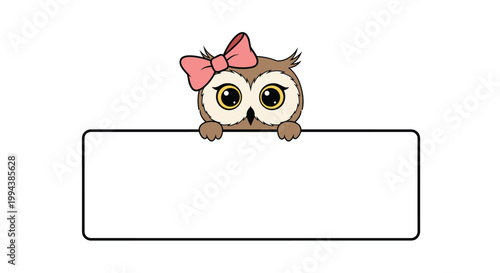 Cute owl character with a pink bow peeking over a blank banner provides a versatile space for messages in a whimsical and charming design.