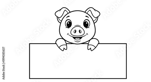 Happy pig character peeking over a blank white banner offers a fun and cheerful framing element for children's announcements and card designs.