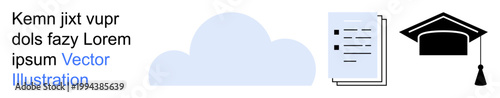 Education, academic success, cloud storage, digital learning, document management, technology solutions. Graduation cap, document icon and cloud shape. Education and digital learning ion