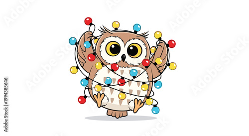 Cute brown owl wrapped in a string of colorful glowing christmas lights represents a festive and whimsical holiday season decoration theme.