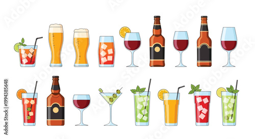 Variety of colorful alcoholic and non alcoholic beverages in glasses and bottles