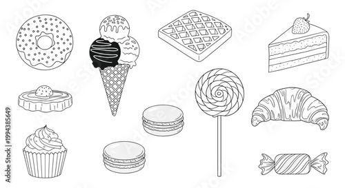 Various sweet treats including donuts, cupcakes, and ice cream are shown in detailed line art for a fun and delicious coloring page activity.