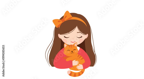 Young girl with a large orange bow hugging a cute ginger cat captures a heartwarming moment of friendship and love between a child and pet.