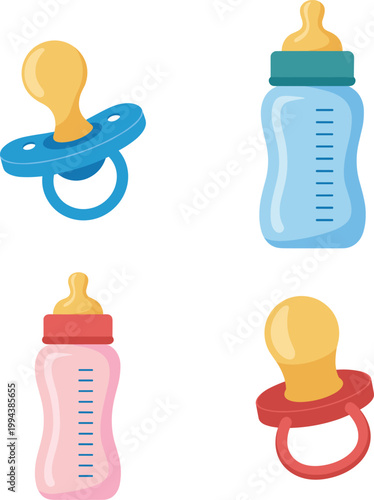 Baby pacifier and bottles set illustration, infant feeding accessories vector design collection